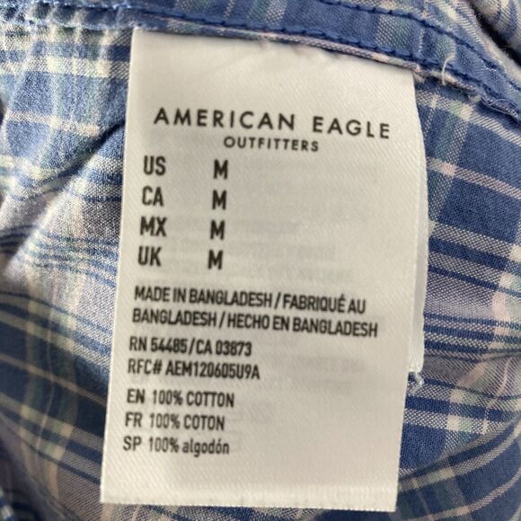 American Eagle Shirt Mens M Blue Lavender Button Down Plaid Long Sleeve Preppy - Picture 12 of 12